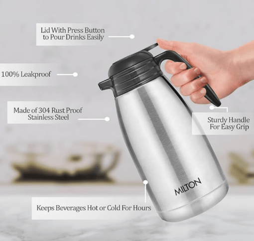 Milton Classic 2000 Thermosteel 24 Hours Hot or Cold Carafe, 2000 ml, Silver | Double Walled | Rust Proof | Food Grade | Easy to Carry | Tea, Coffee, Juice - Image 2